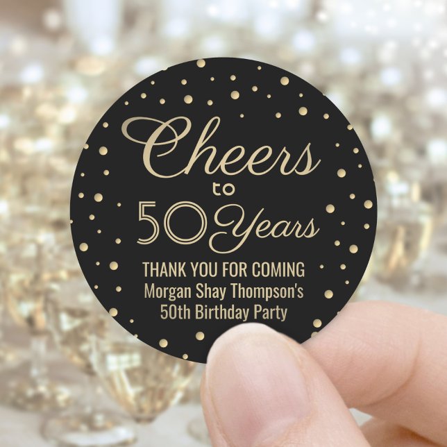 ANY Birthday Cheers Elegant Black & Gold Confetti Classic Round Sticker (Creator Uploaded)