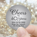 ANY Birthday Cheers Elegant Black Silver Faux Foil Classic Round Sticker<br><div class="desc">Add a personalized finishing touch to birthday party thank you notes or favours with custom black and faux metallic round stickers / envelope seals. All text is simple to customize or delete. This template is set up for a 40th birthday, but can easily be changed to another year or event,...</div>