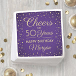 ANY Birthday Cheers Elegant Purple & Gold Glitter Napkin<br><div class="desc">Add an elegant personalized touch to birthday party decorations with these custom purple and gold paper napkins. Design features modern script calligraphy customizable "Cheers to 50 Years" and gold faux glitter confetti dots on a purple background. Please note that text is printed color, not metallic foil. This template is set...</div>