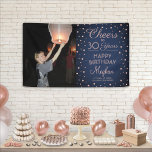 ANY Birthday Cheers Navy and Pink Confetti 1 Photo Banner<br><div class="desc">Celebrate a happy milestone birthday with a custom photo navy and pink party banner. Design features an image of your choice, modern script calligraphy customizable "Cheers to 30 Years" and rose gold faux foil confetti dots on a navy blue background. Please note that text is printed colour, not metallic foil....</div>