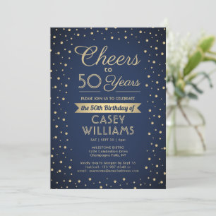 ANY Birthday Cheers Navy Blue and Gold Confetti Invitation