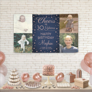 ANY Birthday Cheers Navy Blue and Pink 4 Photo Banner