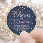 ANY Birthday Cheers Navy Blue and Pink Confetti Classic Round Sticker<br><div class="desc">Add a personalized finishing touch to birthday party thank you notes or favours with custom navy blue and pink round stickers / envelope seals. All text is simple to customize or delete. This template is set up for a 30th birthday for her, but can easily be changed to another year...</div>