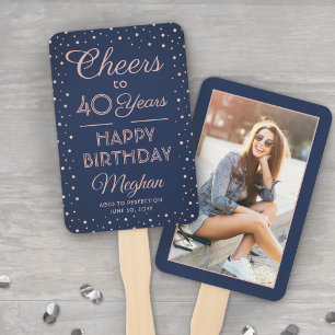 ANY Birthday Cheers Navy Blue and Pink Confetti Hand Fan