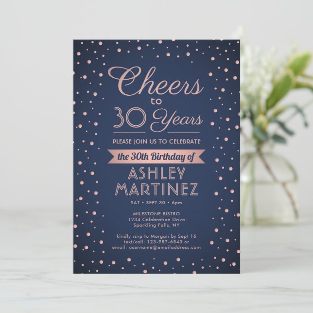 ANY Birthday Cheers Navy Blue and Pink Confetti Invitation (Standing Front)