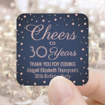 ANY Birthday Cheers Navy Blue and Pink Confetti Square Sticker<br><div class="desc">Add a personalized finishing touch to birthday party thank you notes or favours with custom navy blue and pink square stickers / envelope seals. All text is simple to customize or delete. This template is set up for a 30th birthday for her, but can easily be changed to another year...</div>