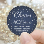 ANY Birthday Cheers Navy Blue and Silver Confetti Classic Round Sticker<br><div class="desc">Add a personalized finishing touch to birthday party thank you notes or favours with custom navy blue, white and faux silver foil round stickers / envelope seals. All text is simple to customize or delete. This template is set up for a 40th birthday, but can easily be changed to another...</div>