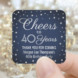 ANY Birthday Cheers Navy Blue and Silver Confetti Square Sticker<br><div class="desc">Add a personalized finishing touch to birthday party thank you notes or favours with custom navy blue, white and faux silver foil square stickers / envelope seals. All text is simple to customize or delete. This template is set up for a 40th birthday, but can easily be changed to another...</div>