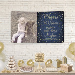 ANY Birthday Cheers Navy Blue Gold Confetti Photo Banner<br><div class="desc">Celebrate a happy milestone birthday with a custom photo blue and gold party banner. Design features an image of your choice, modern script calligraphy customizable "Cheers to 50 Years" and gold faux foil confetti dots on a navy blue background. Please note that text is printed colour, not metallic foil. The...</div>