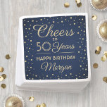 ANY Birthday Cheers Navy Blue & Gold Glitter Party Napkin<br><div class="desc">Add an elegant personalized touch to birthday party decorations with custom navy blue and gold paper napkins. Design features modern script calligraphy customizable "Cheers to 50 Years" and gold faux glitter confetti dots on a navy blue background. Please note that text is printed colour, not metallic foil. This template is...</div>