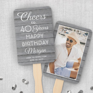 ANY Birthday Cheers Rustic Wood Elegant Grey White Hand Fan