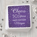ANY Birthday Cheers Silver Glitter Purple & White Napkin<br><div class="desc">Add an elegant personalized touch to birthday party decorations with these custom purple, white and faux silver glitter paper napkins. Design features modern script calligraphy customizable "Cheers to 50 Years" and simulated glitter confetti dots on a purple background. This template is set up for a 50th birthday celebration, but is...</div>