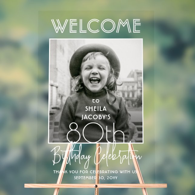 ANY Birthday Chic Typography Photo Party Welcome Acrylic Sign (Neutral)