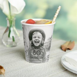ANY Birthday Chic White Typography 2 Photo Party Paper Cups