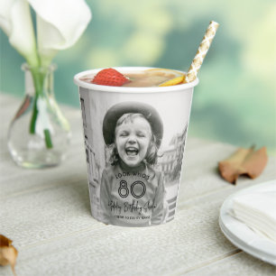ANY Birthday Chic White Typography 2 Photo Party Paper Cups