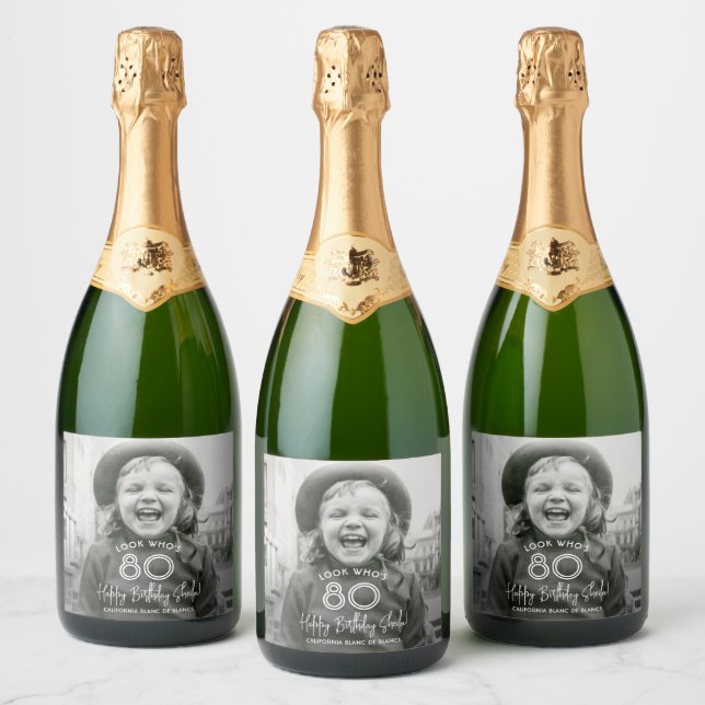 ANY Birthday Chic White Typography & Photo Party Sparkling Wine Label (Bottles)