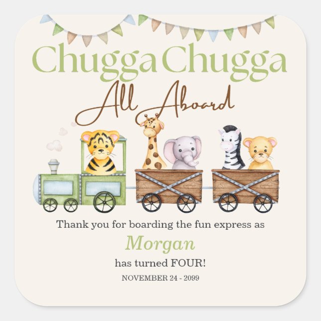 Any Birthday Cute Chugga Watercolor Animal Train   Square Sticker (Front)