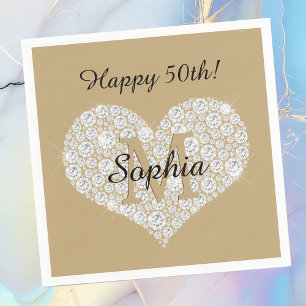 Any Birthday, Diamond Heart, Gold Monogram, Name Napkin