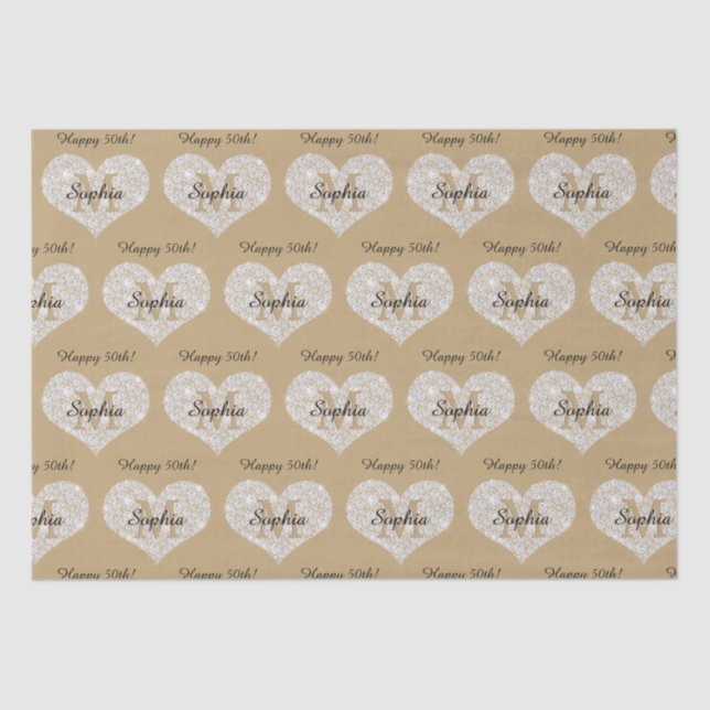 Any Birthday, Diamond Heart, Gold Monogram, Name Tissue Paper (Front)
