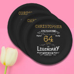 Any Birthday Legendary Black Gold Retro Paper Plate<br><div class="desc">For those celebrating their birthday we have the ideal birthday party plates with a vintage feel. The black background with a white and gold vintage typography design design is simple and yet elegant with a retro feel. Easily customize the text of this birthday plate using the template provided. Part of...</div>