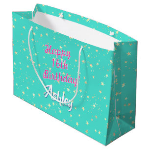 Any Birthday, Name, Gold Stars on Teal Large Gift Bag