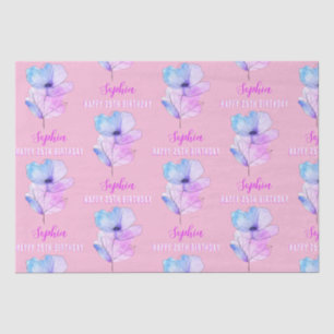 Any Birthday, Name, Pink & Blue Watercolor Flower  Tissue Paper