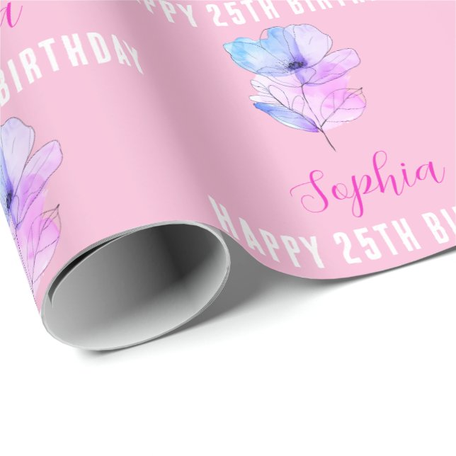 Any Birthday, Name, Pink & Blue Watercolor Flower  Wrapping Paper (Roll Corner)