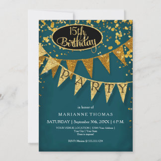 Any Birthday Peacock Blue Gold Confetti Pennant Invitation