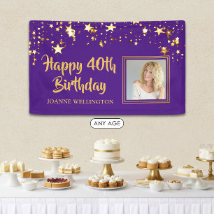 Any Birthday Photo Purple Gold Stars Personalized Banner