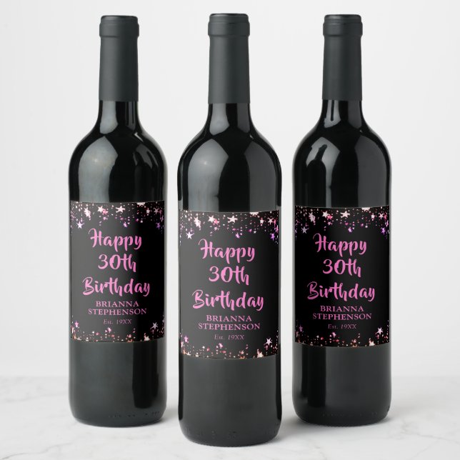 Any Birthday Pink Black Stars Brush Script Wine Label (Bottles)