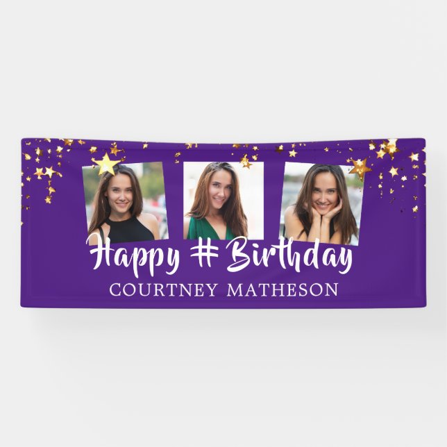 Any Birthday Purple Gold Stars Photo Personalized Banner (Horizontal)