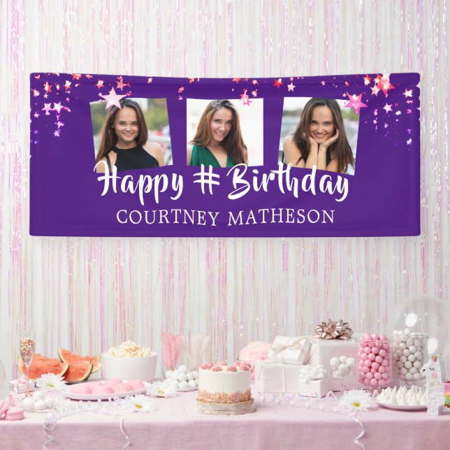 Any Birthday Purple Pink Stars Photo Personalized Banner (Party)