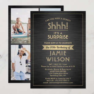 ANY Birthday Surprise Party Brushed Black 4 Photo Invitation