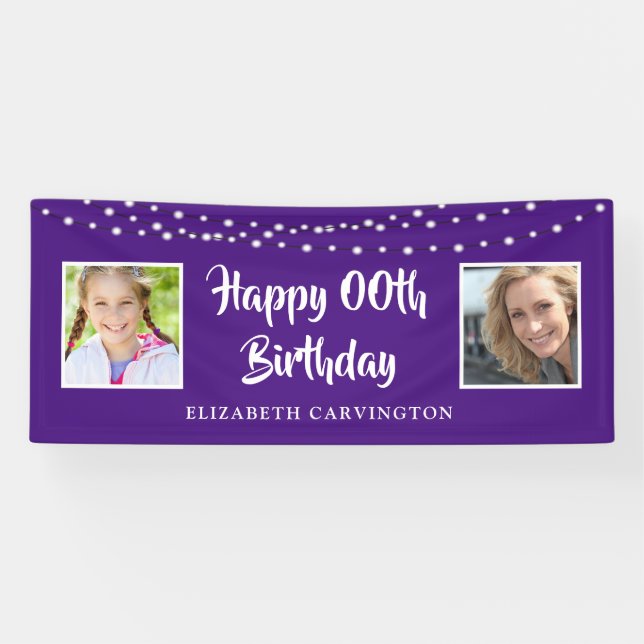 Any Birthday Then & Now Photos Lights Purple Banner (Horizontal)