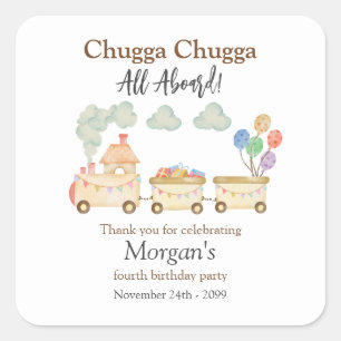 Any Birthday Watercolor Brown Train Fun Express Square Sticker
