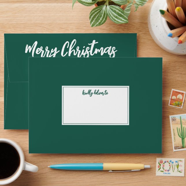 Any Brushed Script Return Address Green Christmas Envelope (Desk)