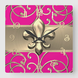 Any Color and Gold Filigree Swirls Fleur de Lis Square Wall Clock