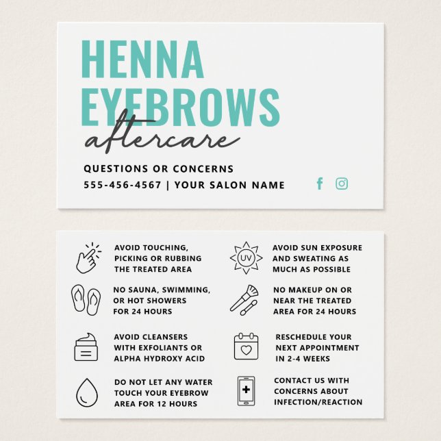 Any Color Henna Brows Brows Tint  Aftercare Card (Front & Back)