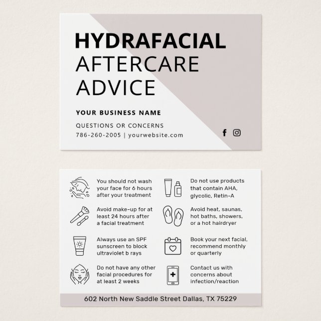 Any Color HydraFacial Aftercare Instructions Card (Front & Back)
