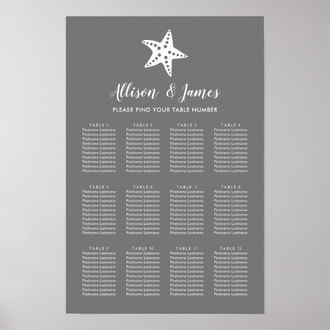 Any Color Starfish Wedding Seating Chart Sign (Front)