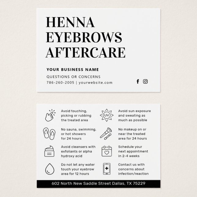 Any Color Tint Henna Brows Aftercare Card Advice (Front & Back)