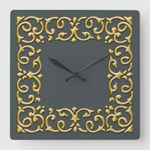 Any Color with Gold Filigree Border Square Wall Clock
