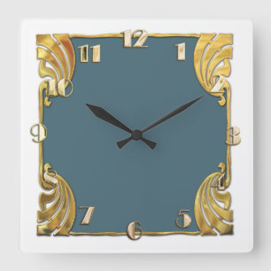 Any Color with White Art Deco Gold Design Square Wall Clock