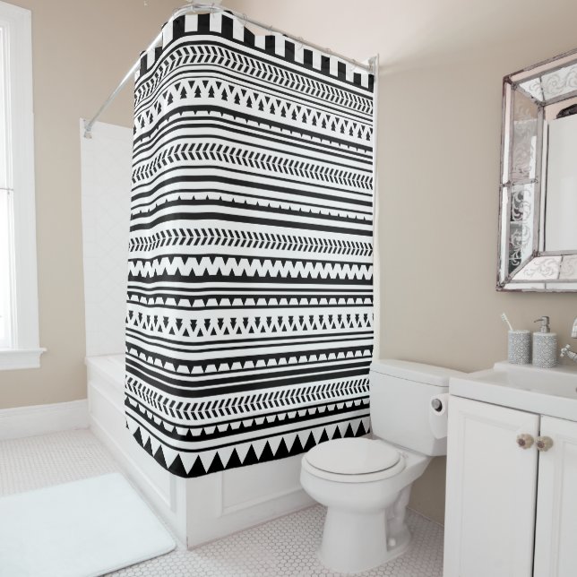 Any Colour and Black Aztec Shower Curtain (In Situ)