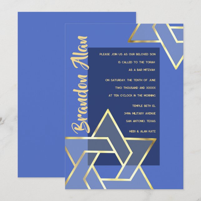 Any Colour Bar Mitzvah Large Gold Star of David Invitation (Front/Back)