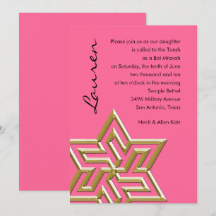 Any Colour Bat Mitzvah Large Gold Star of David Invitation