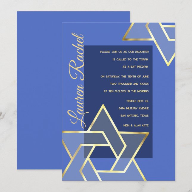 Any Colour Bat Mitzvah Large Gold  Star of David Invitation (Front/Back)