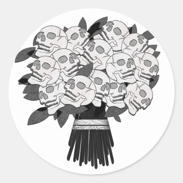 Any Colour* Bouquet of Skull Roses Black & White Classic Round Sticker (Front)