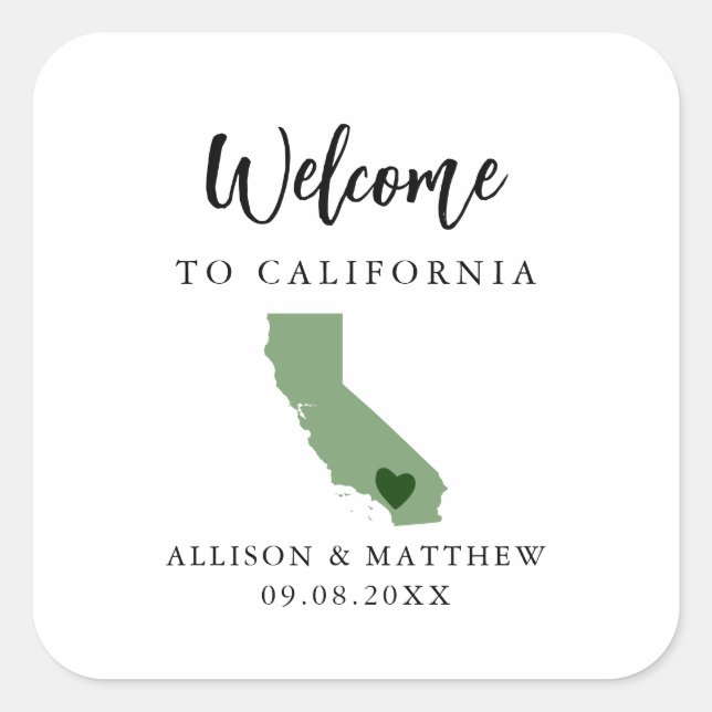 Any Colour California Wedding Welcome Bag or Box Square Sticker (Front)