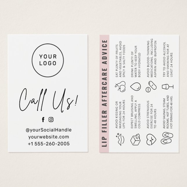 Any colour Custom Logo Lip Filler Aftercare Card  (Front & Back)